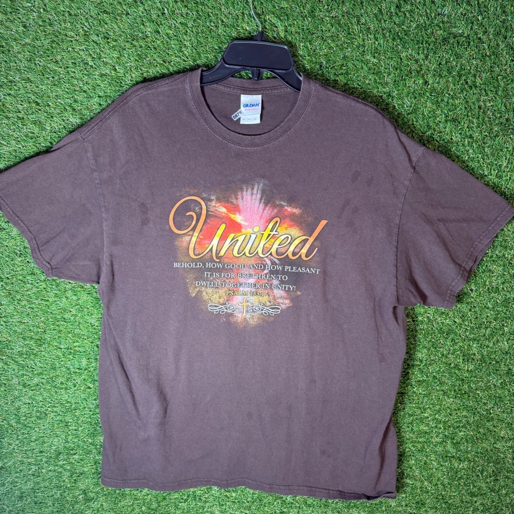 Gildan United Methodist Church Jesus T Shirt Brown Psalm 133:1 Mens XL‎